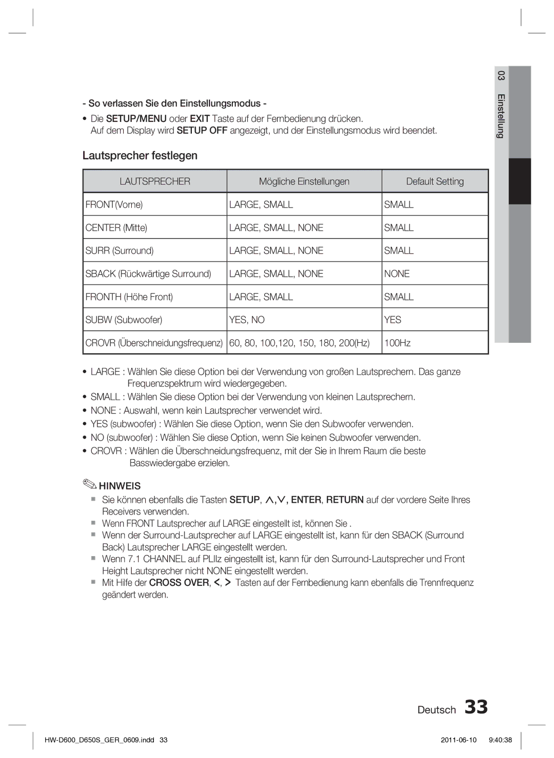 Samsung HW-D650S/XN, HW-D650S/EN manual Lautsprecher festlegen, LARGE, Small, LARGE, SMALL, None Small, YES, no 