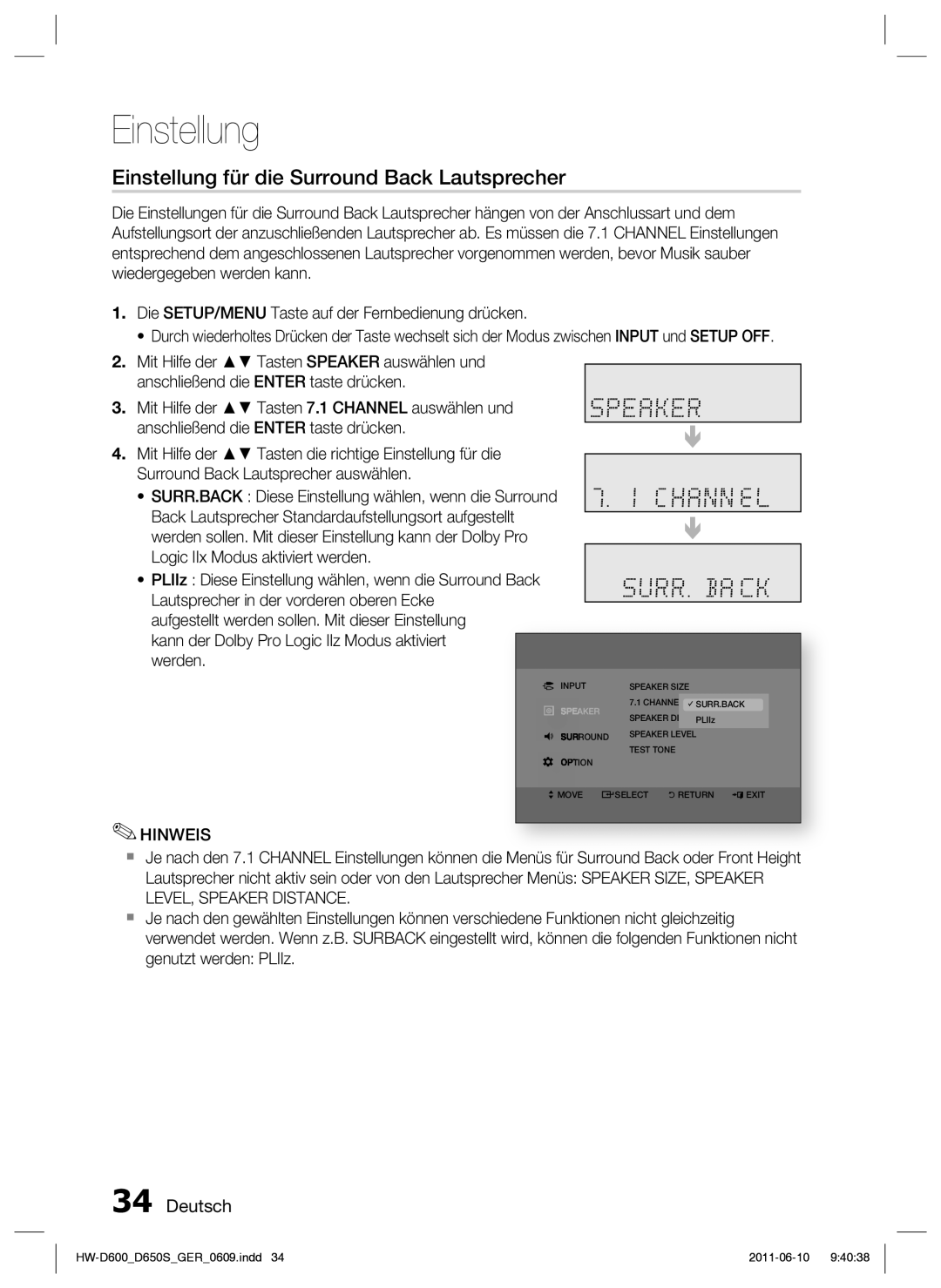 Samsung HW-D650S/EN, HW-D650S/XN manual Einstellung für die Surround Back Lautsprecher, Speaker 