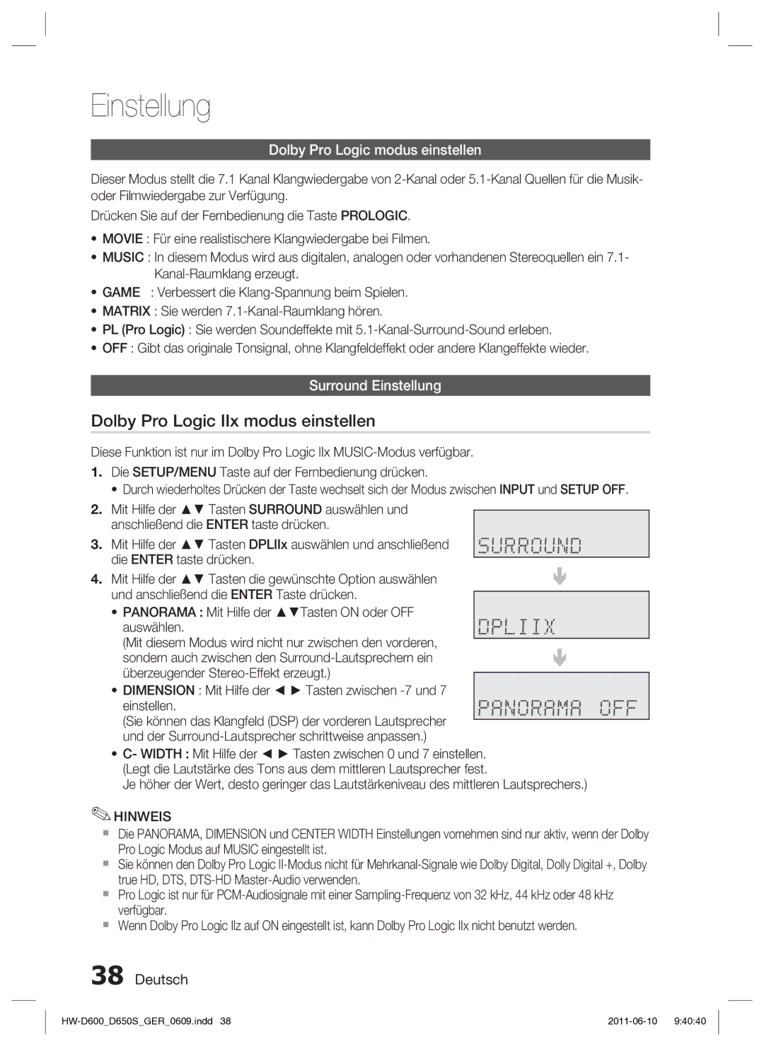 Samsung HW-D650S/EN manual Dolby Pro Logic IIx modus einstellen, Dolby Pro Logic modus einstellen, Surround Einstellung 