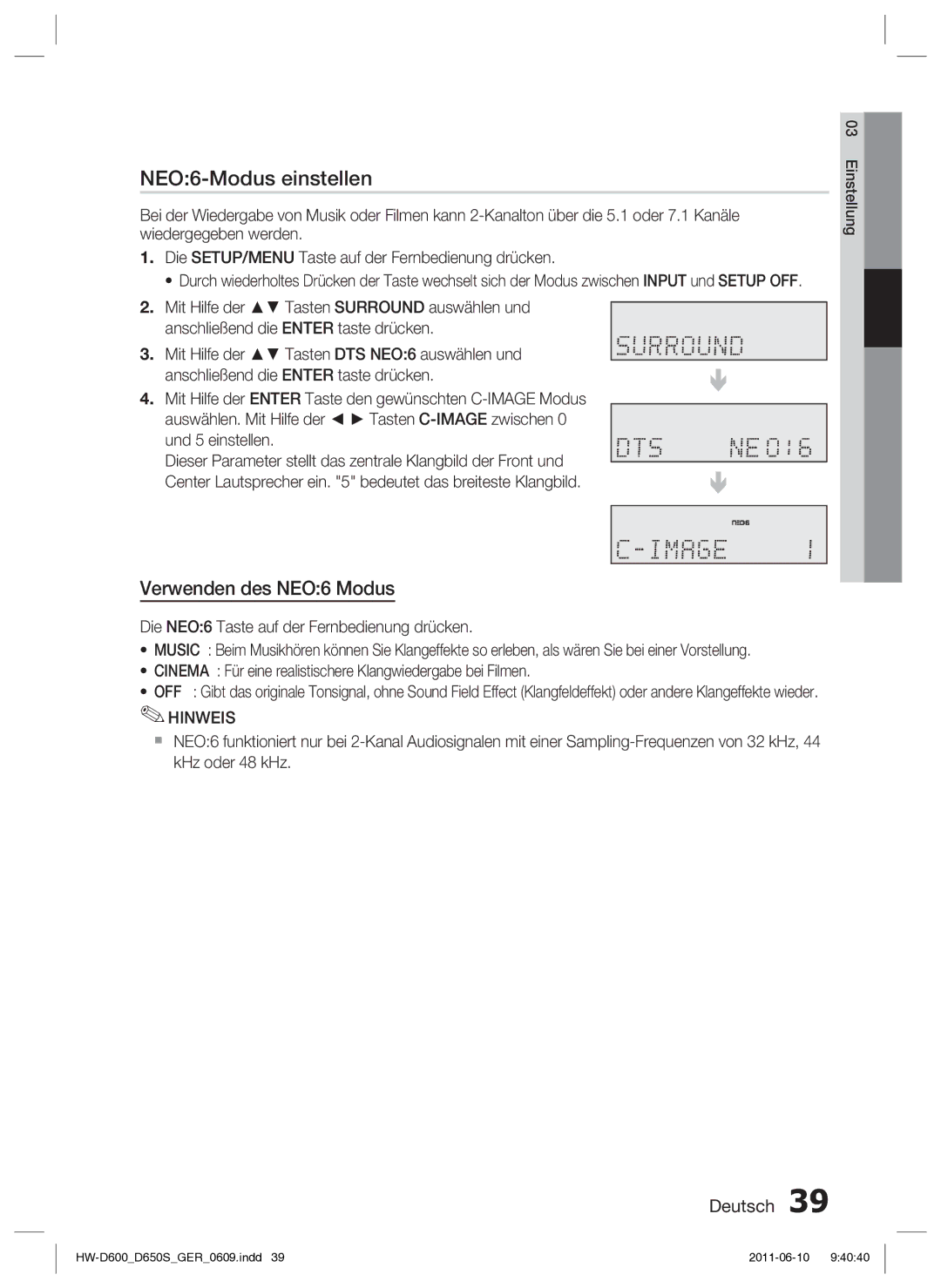 Samsung HW-D650S/XN, HW-D650S/EN manual NEO6-Modus einstellen, Verwenden des NEO6 Modus 