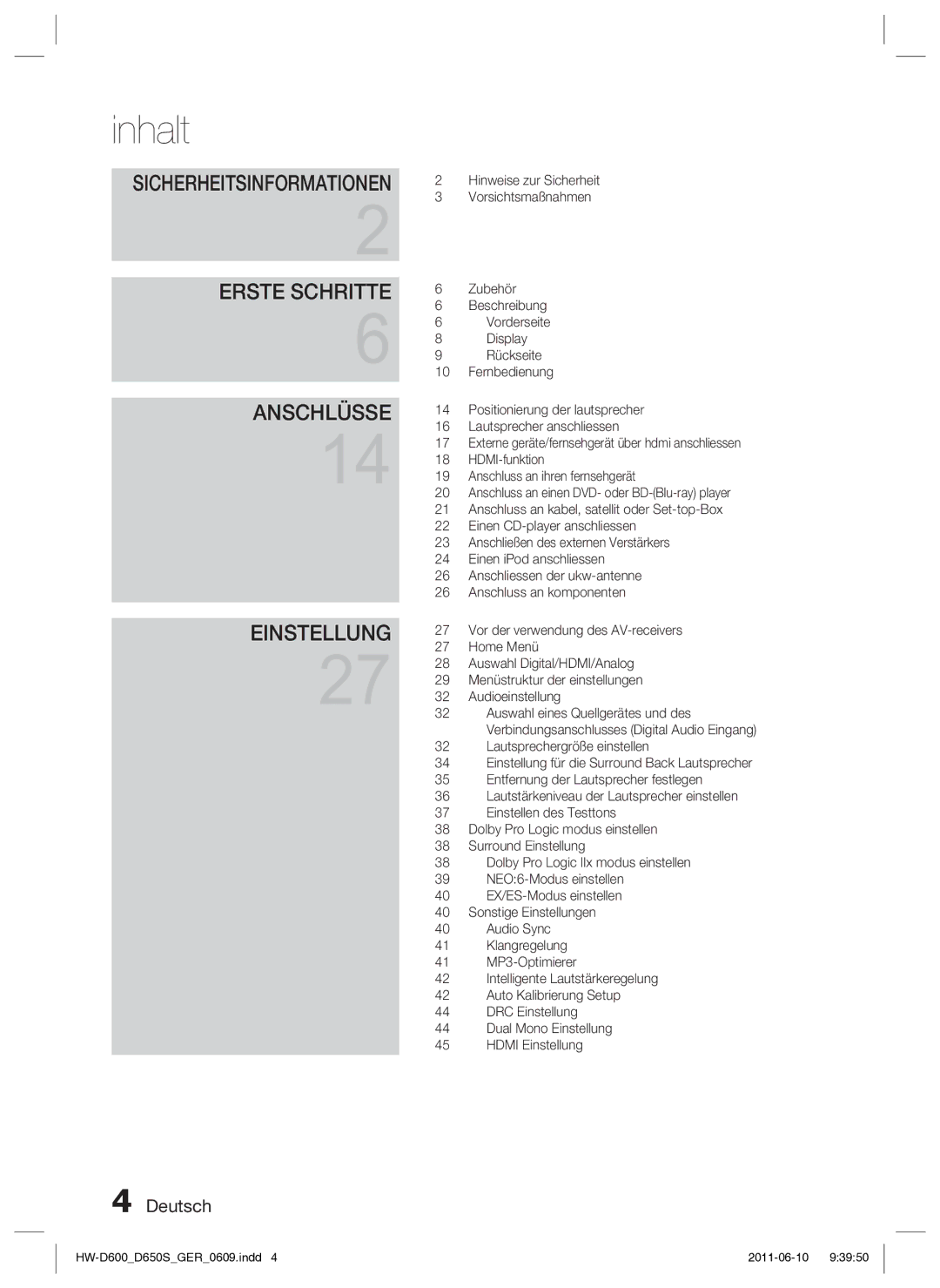 Samsung HW-D650S/EN, HW-D650S/XN manual Inhalt, Sicherheitsinformationen 