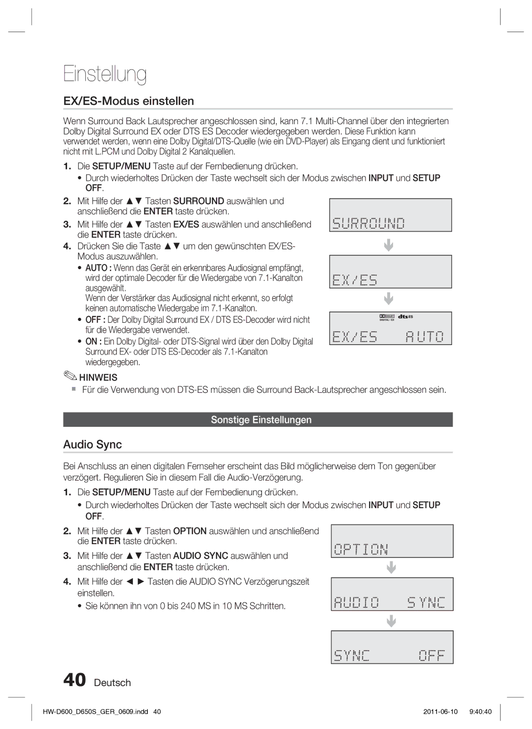 Samsung HW-D650S/EN, HW-D650S/XN manual EX/ES-Modus einstellen, Audio Sync, Sonstige Einstellungen 