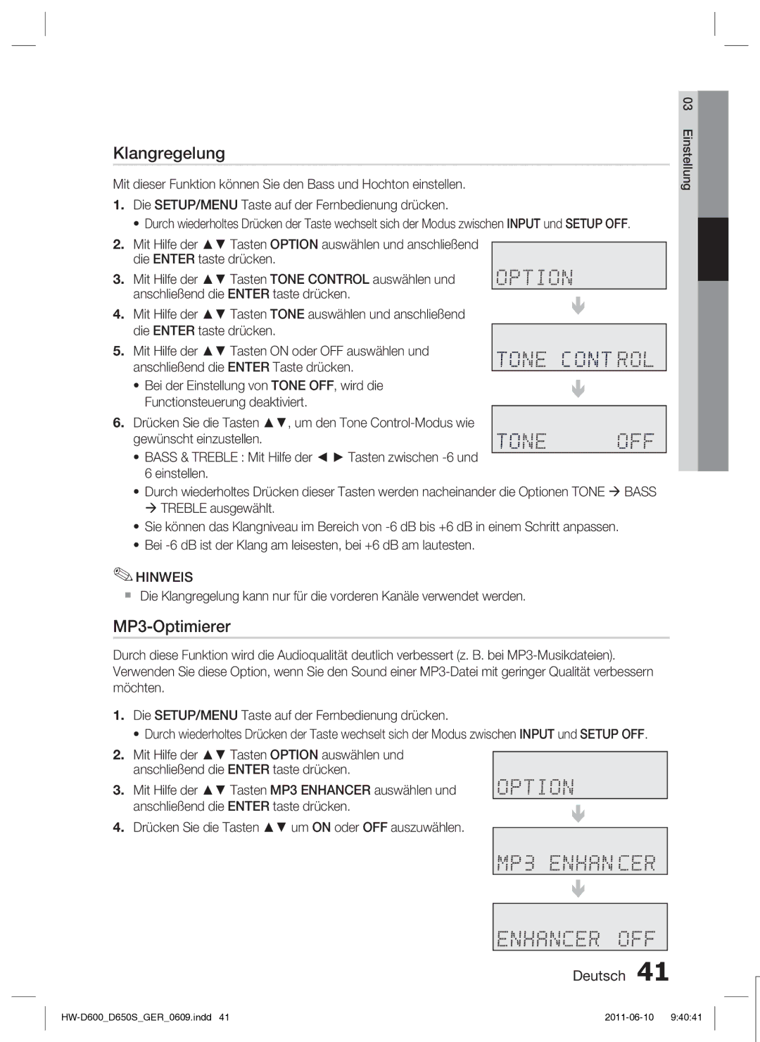 Samsung HW-D650S/XN, HW-D650S/EN manual Klangregelung, MP3-Optimierer 