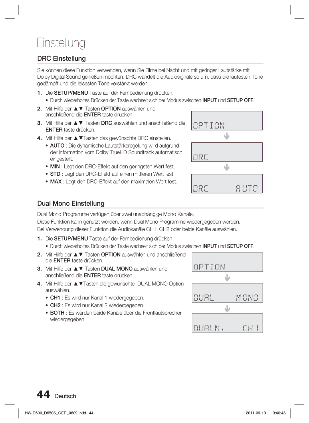 Samsung HW-D650S/EN, HW-D650S/XN manual DRC Einstellung, Dual Mono Einstellung 