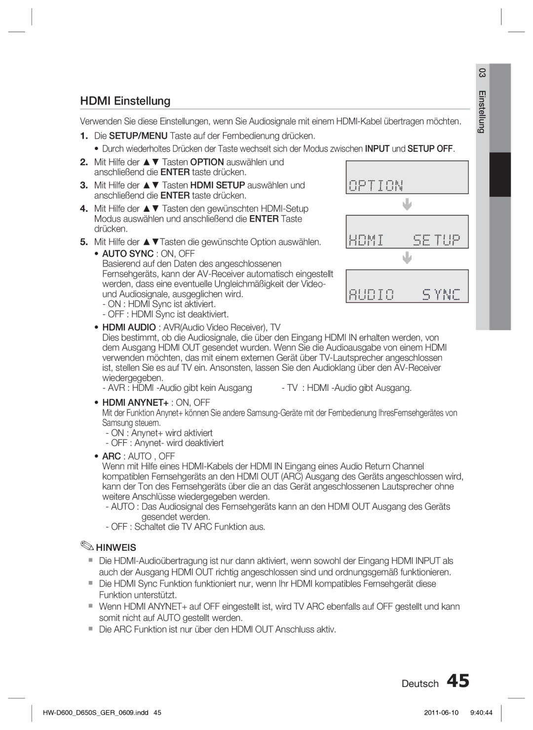 Samsung HW-D650S/XN, HW-D650S/EN manual Hdmi Einstellung, Auto Sync ON, OFF, Hdmi ANYNET+ ON, OFF, ARC Auto , OFF 