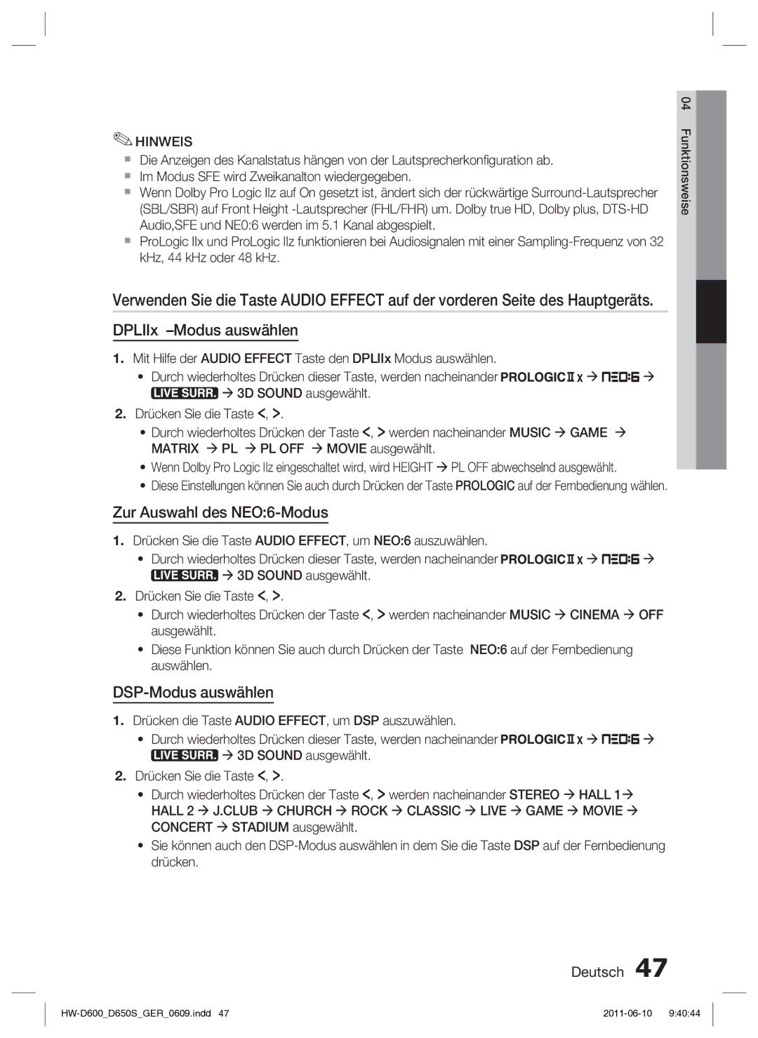 Samsung HW-D650S/XN, HW-D650S/EN manual DPLIIx -Modus auswählen, Zur Auswahl des NEO6-Modus, DSP-Modus auswählen 