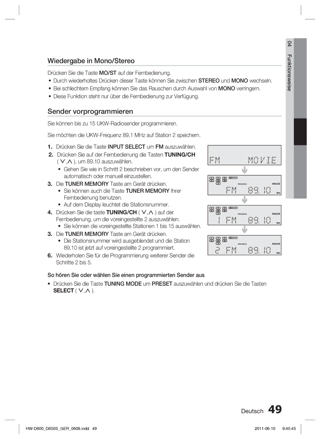 Samsung HW-D650S/XN, HW-D650S/EN manual Wiedergabe in Mono/Stereo, Sender vorprogrammieren 