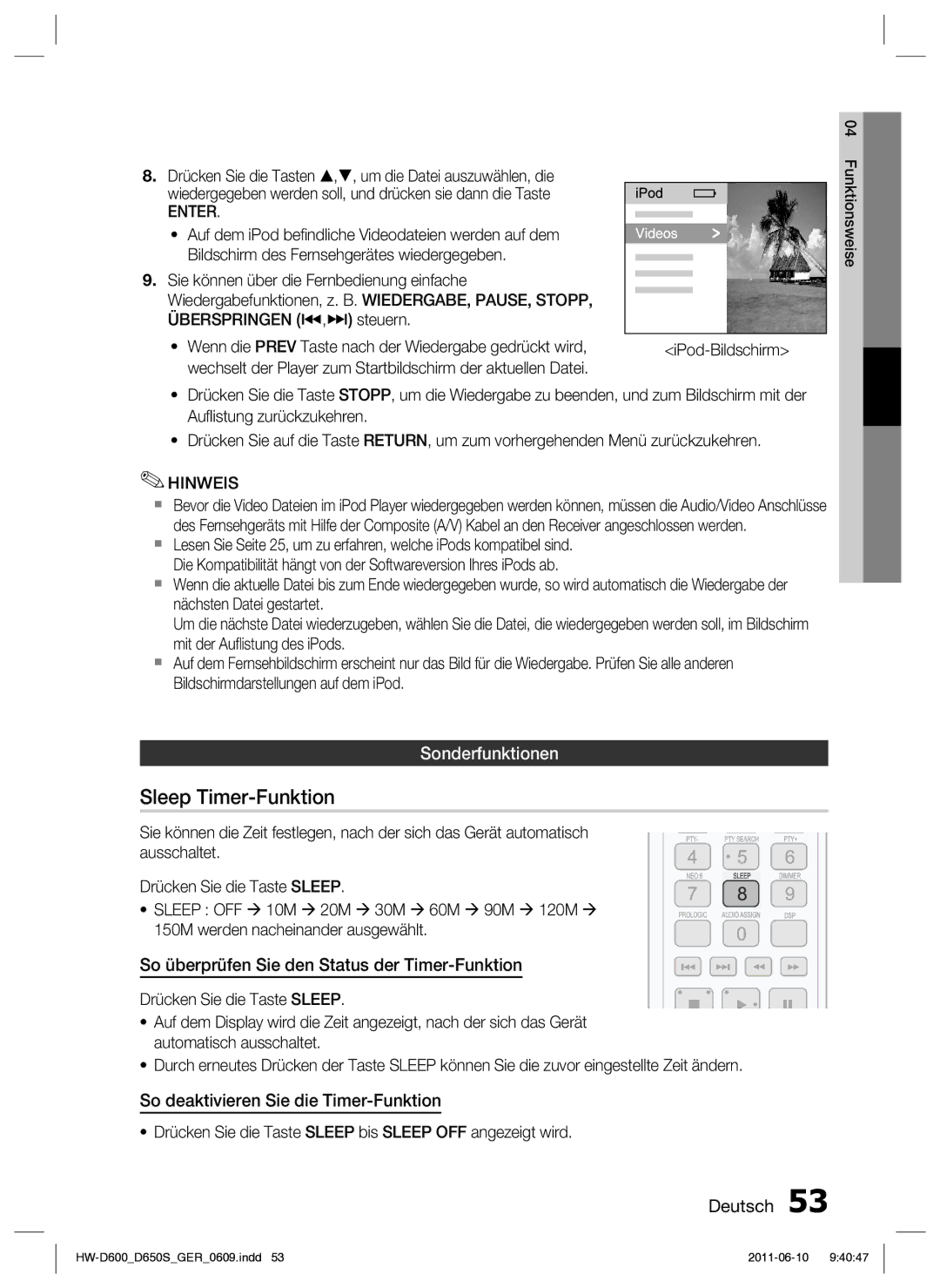 Samsung HW-D650S/XN, HW-D650S/EN manual Sleep Timer-Funktion, Sonderfunktionen, Enter 