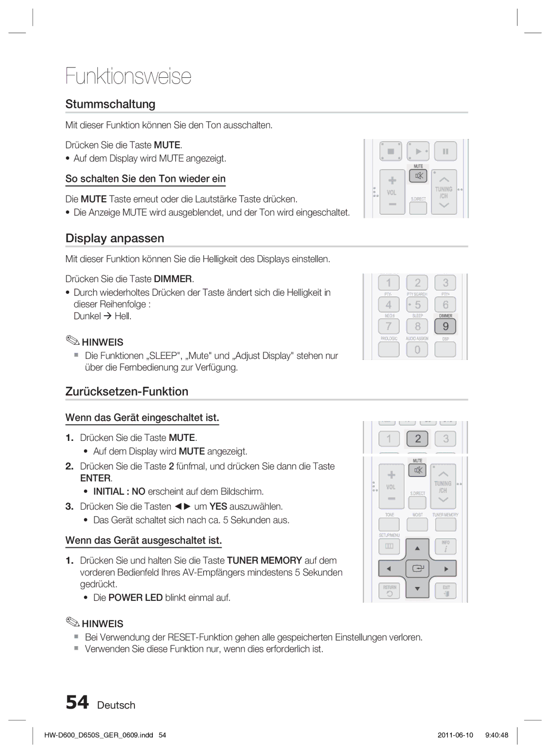 Samsung HW-D650S/EN, HW-D650S/XN manual Stummschaltung, Display anpassen, Zurücksetzen-Funktion 