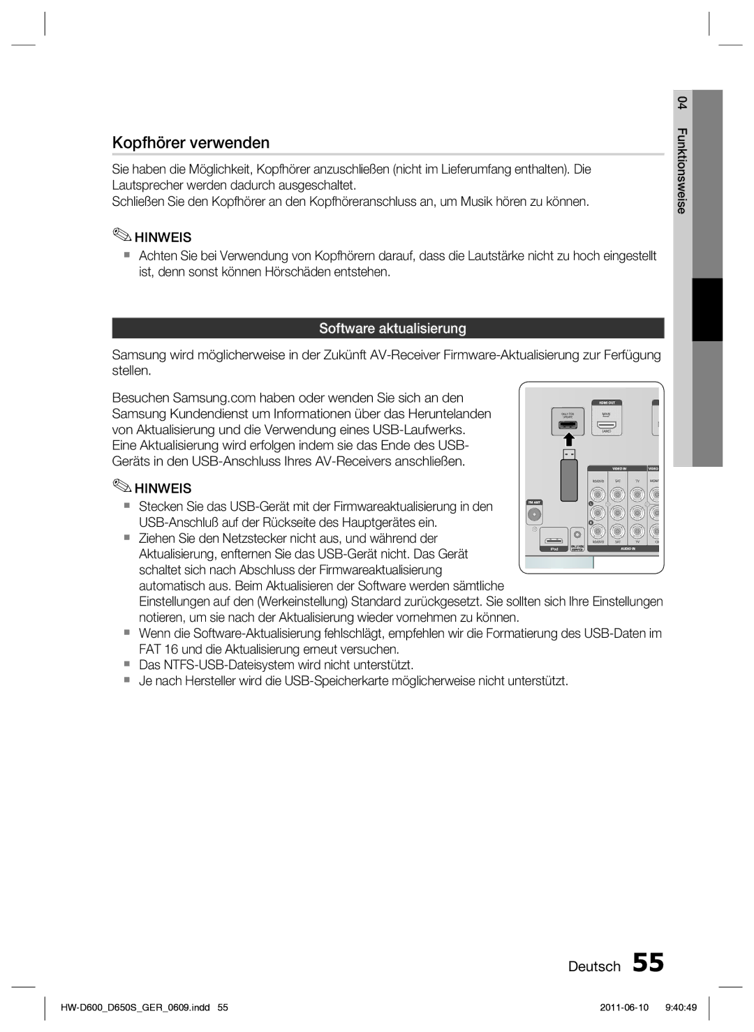 Samsung HW-D650S/XN, HW-D650S/EN manual Kopfhörer verwenden, Software aktualisierung 