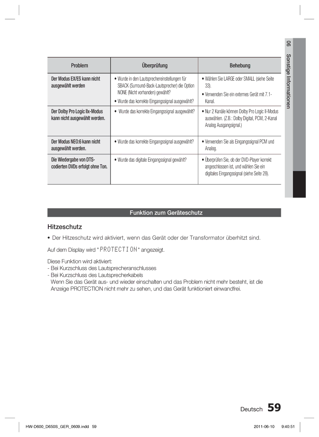 Samsung HW-D650S/XN, HW-D650S/EN manual Hitzeschutz, Funktion zum Geräteschutz 