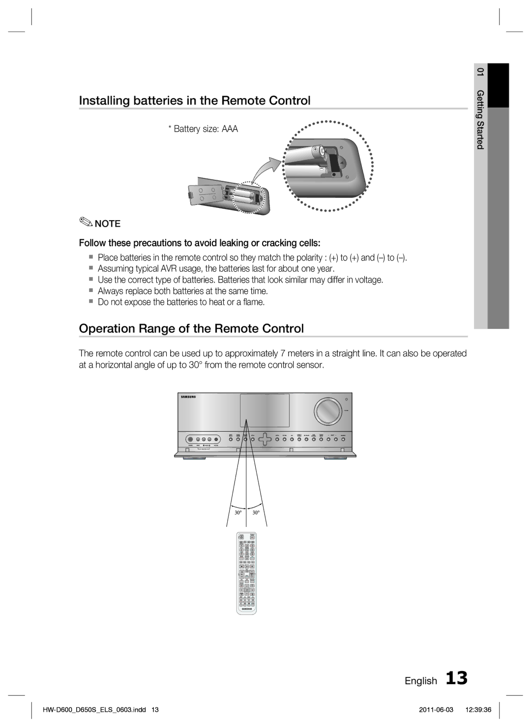 Samsung HW-D650S/XN, HW-D650S/EN manual Installing batteries in the Remote Control, Operation Range of the Remote Control 