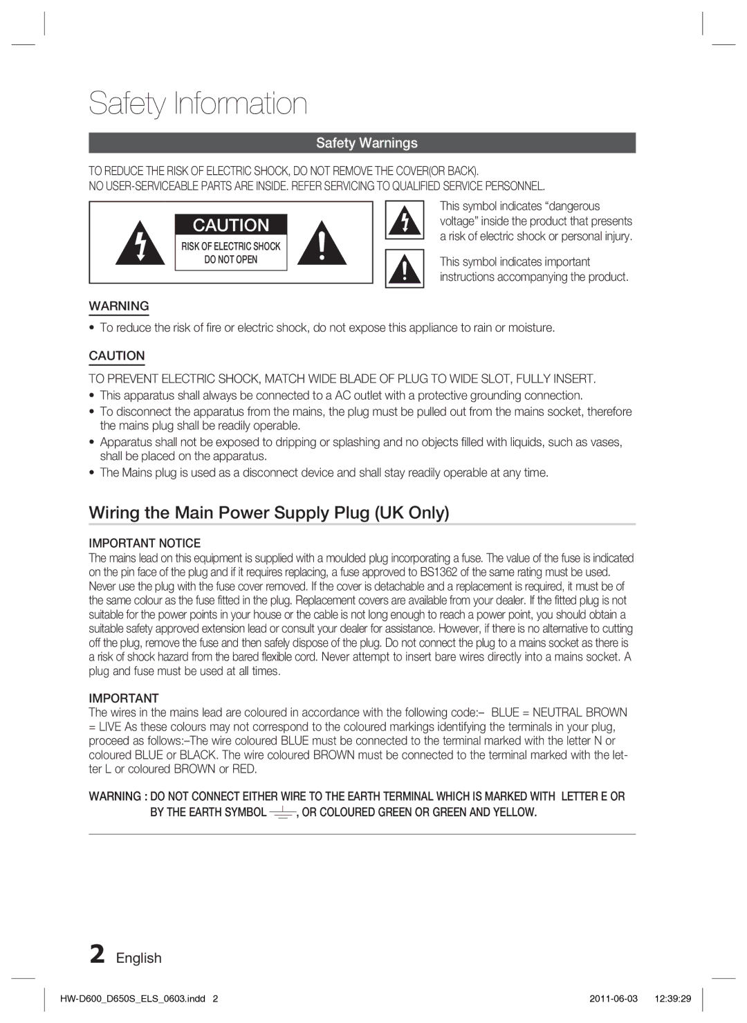 Samsung HW-D650S/EN, HW-D650S/XN Safety Information, Wiring the Main Power Supply Plug UK Only, Safety Warnings, English 