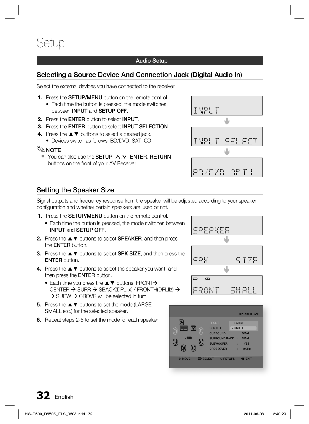 Samsung HW-D650S/EN Selecting a Source Device And Connection Jack Digital Audio, Setting the Speaker Size, Audio Setup 