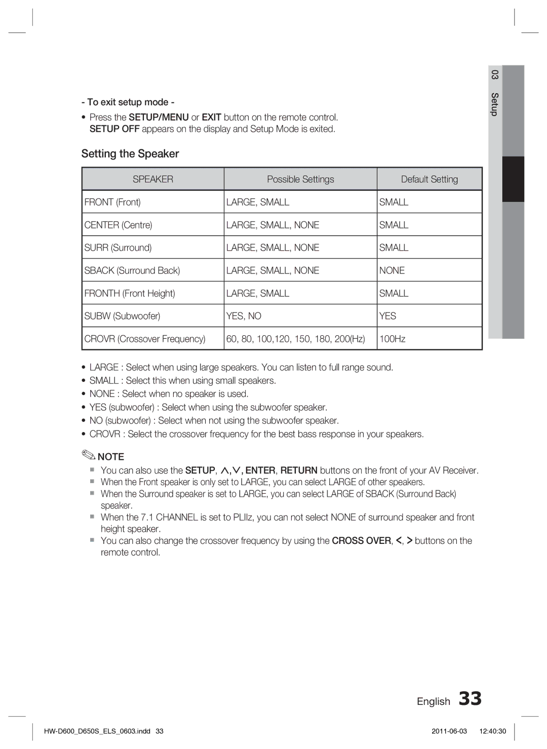 Samsung HW-D650S/XN, HW-D650S/EN manual Setting the Speaker 