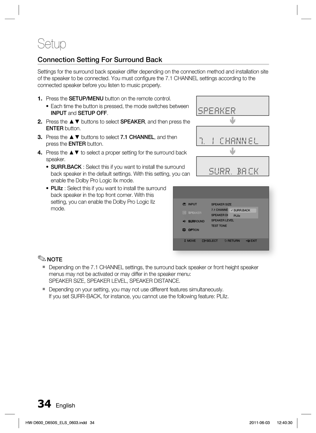 Samsung HW-D650S/EN, HW-D650S/XN manual Connection Setting For Surround Back, Speaker SIZE, Speaker LEVEL, Speaker Distance 