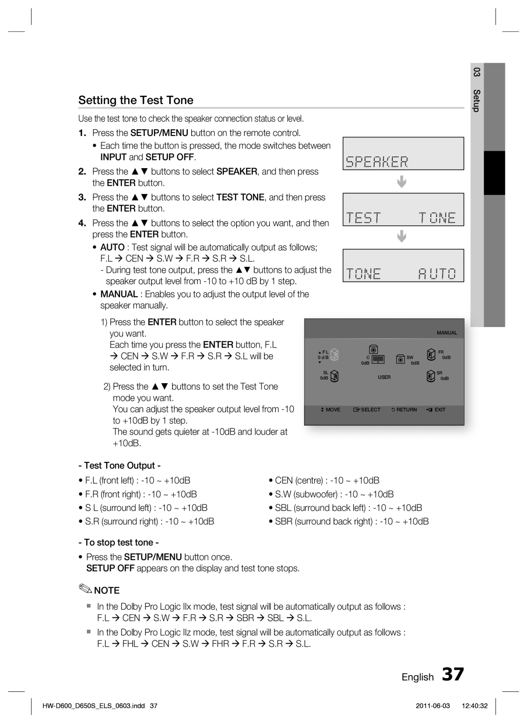 Samsung HW-D650S/XN, HW-D650S/EN manual Setting the Test Tone 