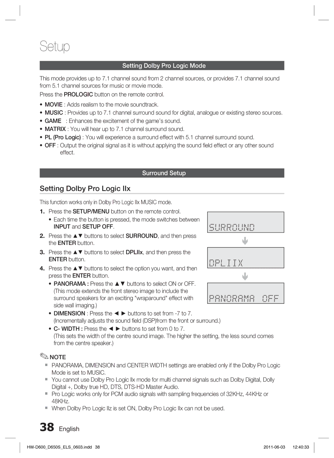 Samsung HW-D650S/EN, HW-D650S/XN manual Setting Dolby Pro Logic Mode, Surround Setup 