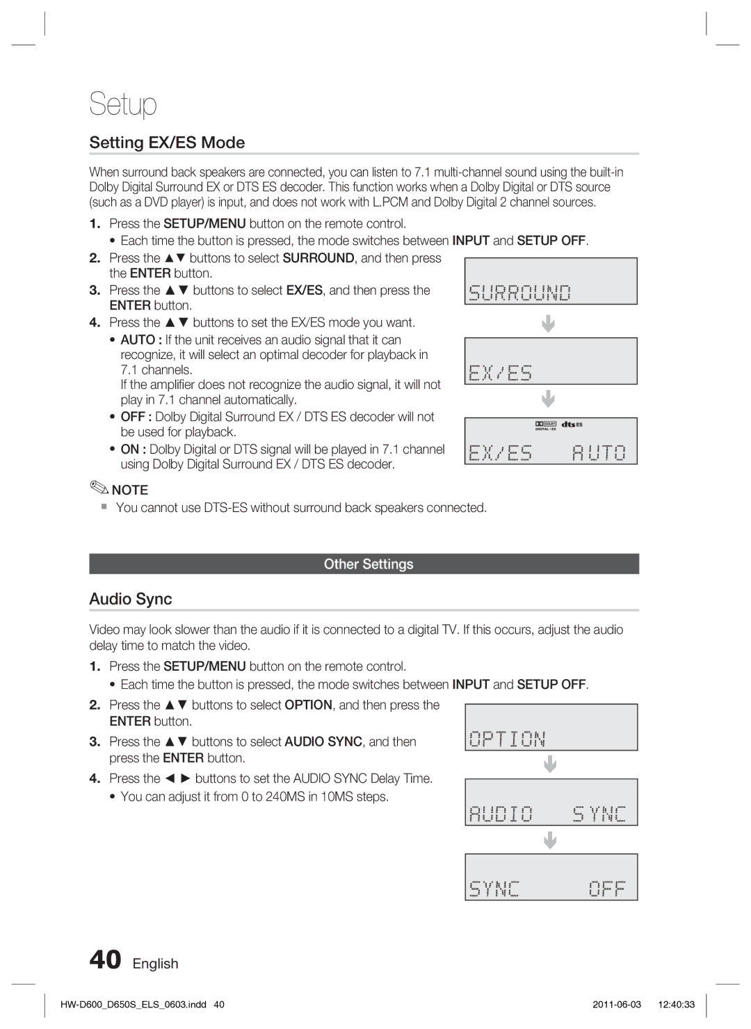 Samsung HW-D650S/EN, HW-D650S/XN manual Setting EX/ES Mode, Audio Sync, Other Settings 