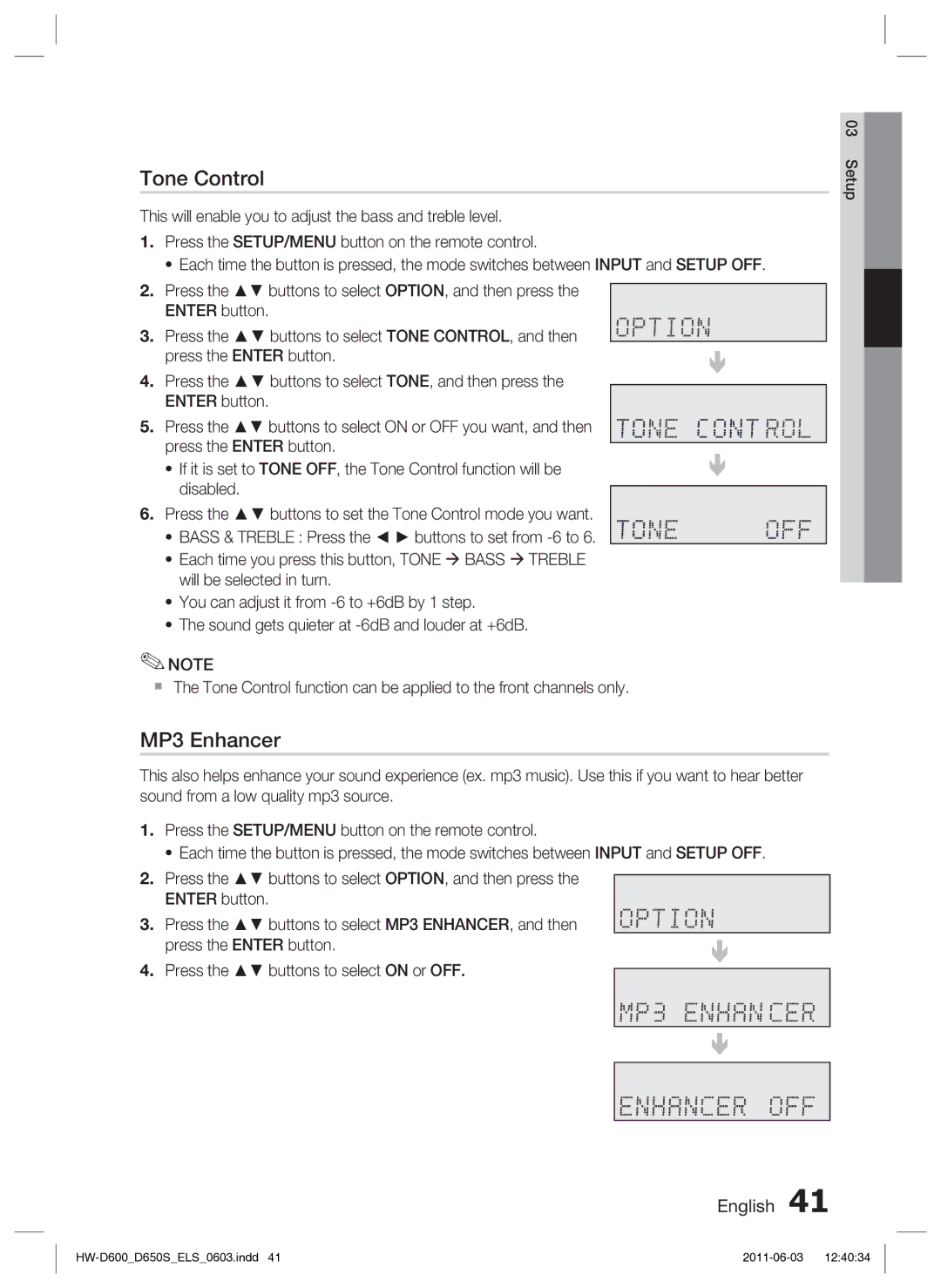 Samsung HW-D650S/XN, HW-D650S/EN manual Tone Control, MP3 Enhancer 