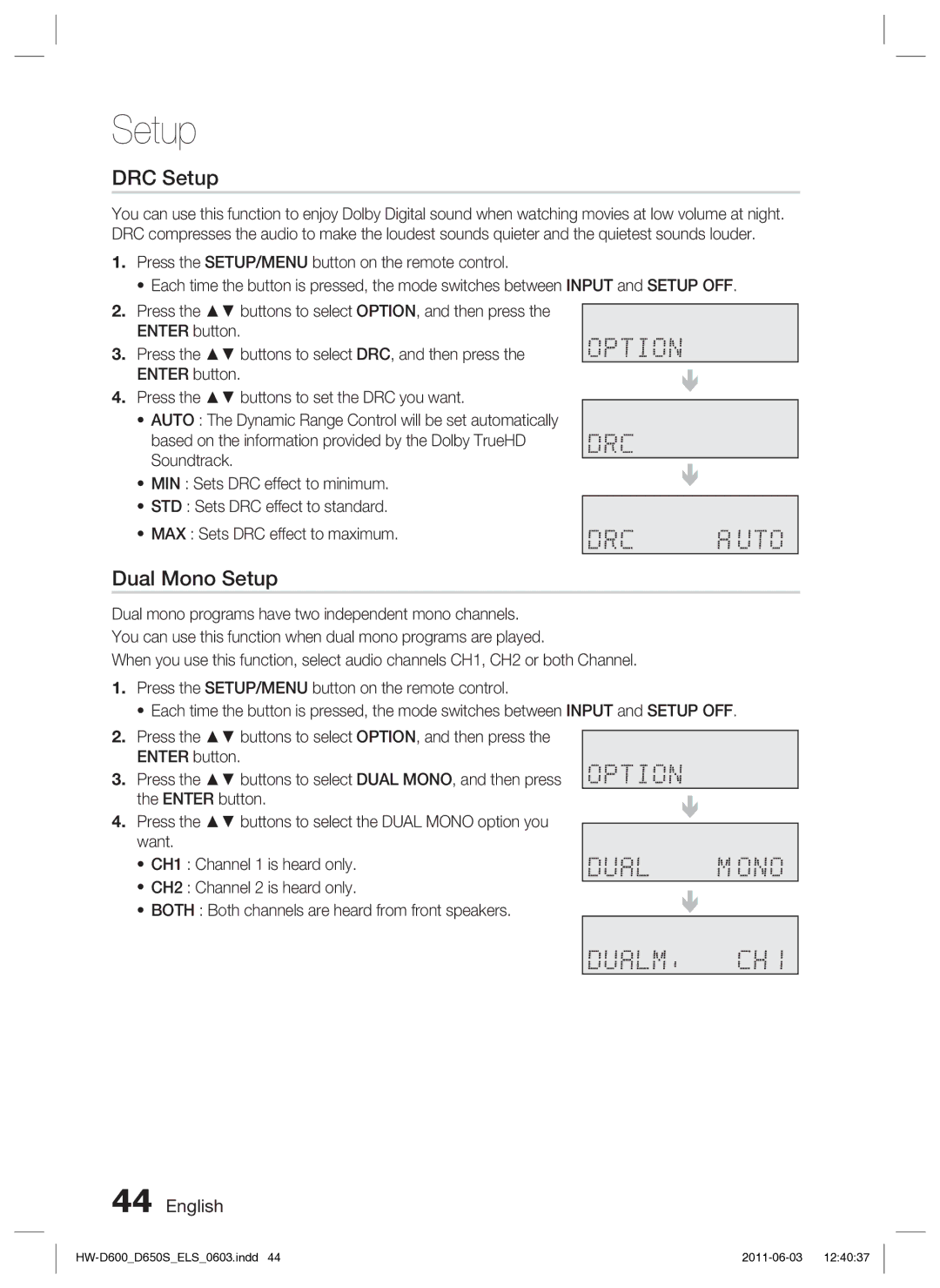 Samsung HW-D650S/EN, HW-D650S/XN manual DRC Setup, Dual Mono Setup 