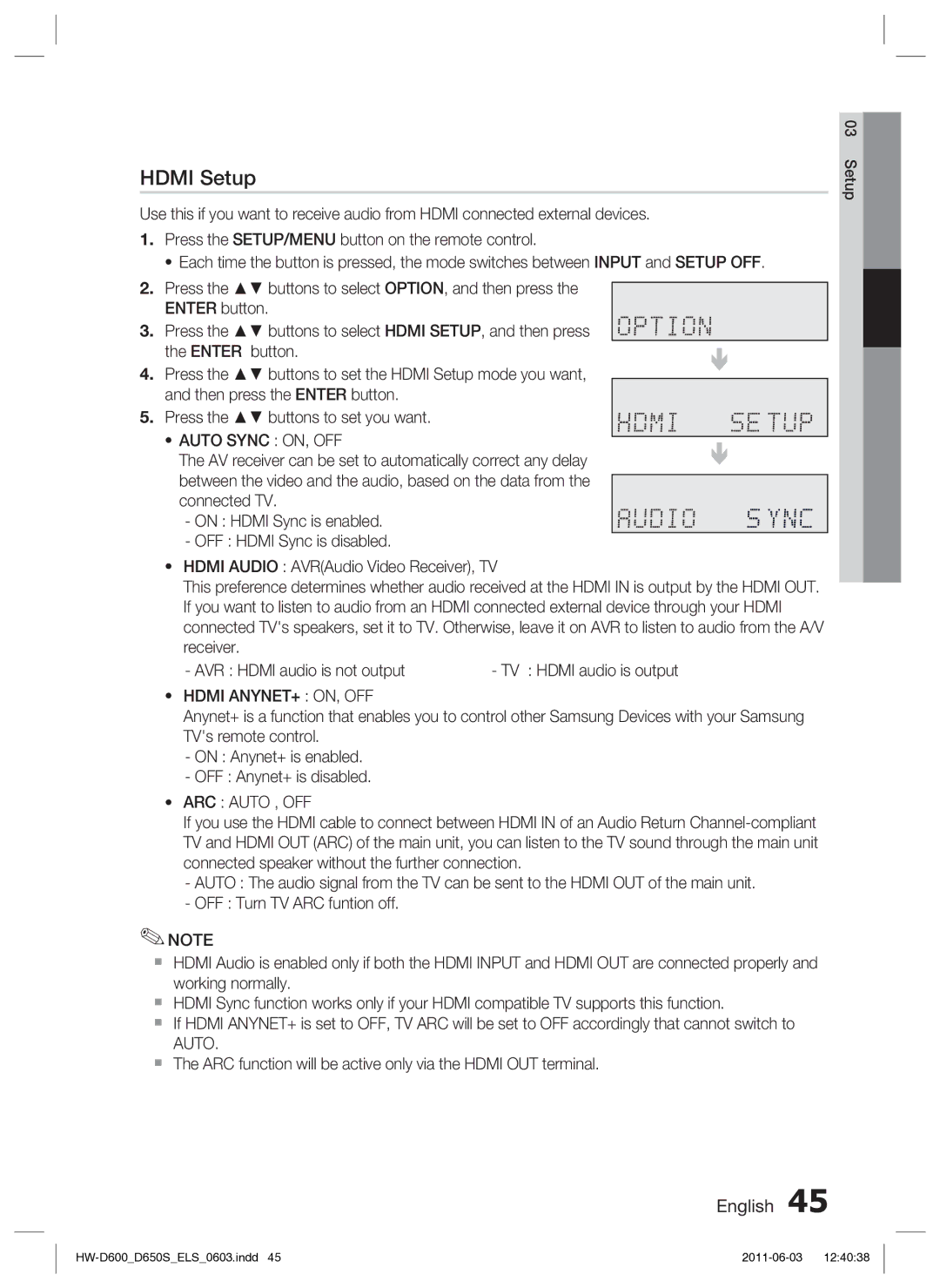 Samsung HW-D650S/XN, HW-D650S/EN manual Hdmi Setup, Auto Sync ON, OFF, Hdmi ANYNET+ ON, OFF, ARC Auto , OFF 