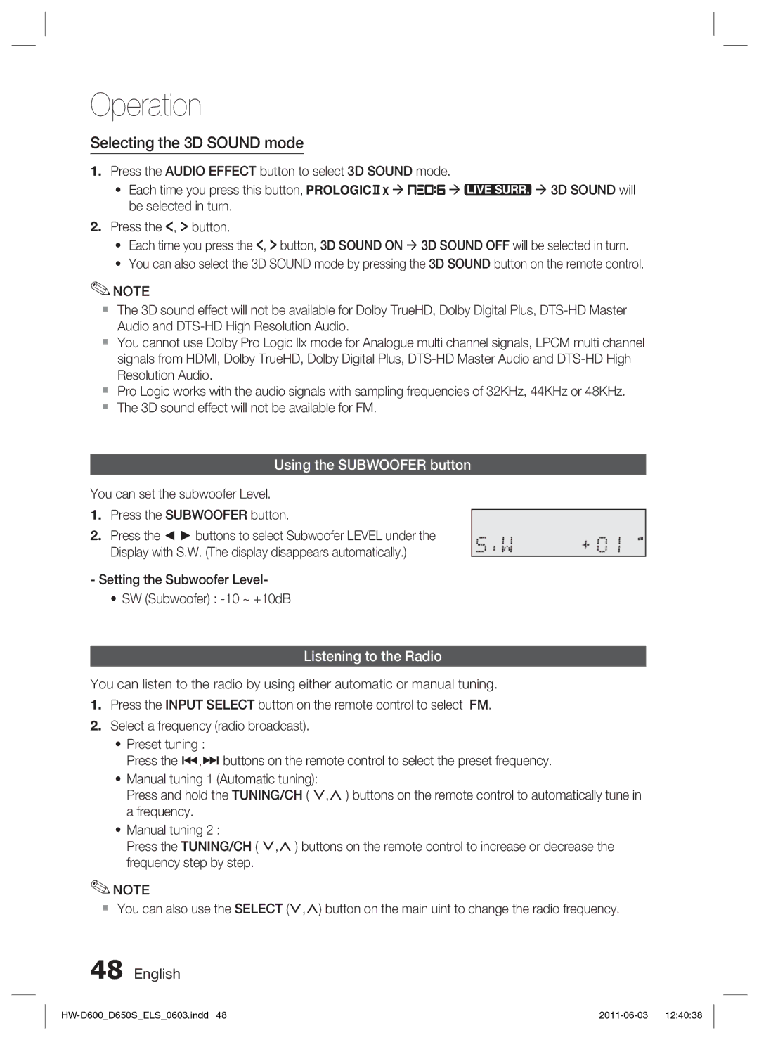 Samsung HW-D650S/EN, HW-D650S/XN manual Selecting the 3D Sound mode, Using the Subwoofer button, Listening to the Radio 