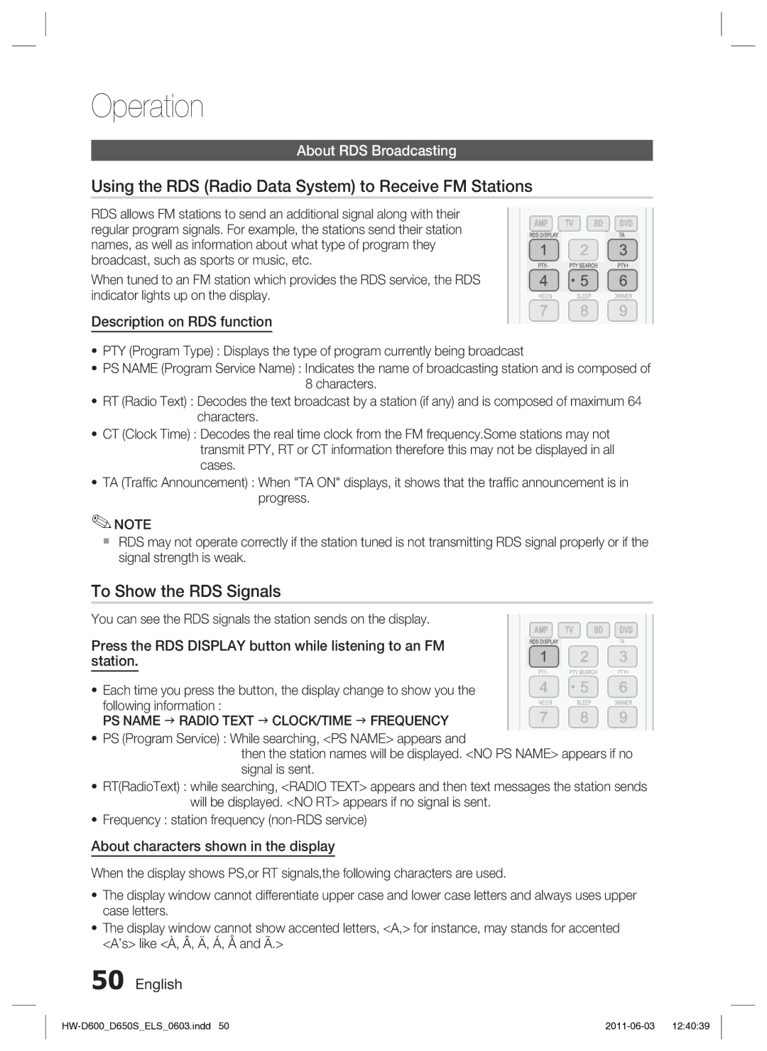 Samsung HW-D650S/EN, HW-D650S/XN manual Using the RDS Radio Data System to Receive FM Stations, To Show the RDS Signals 