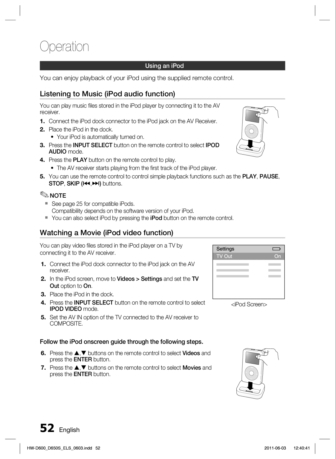 Samsung HW-D650S/EN Listening to Music iPod audio function, Watching a Movie iPod video function, Using an iPod, Composite 