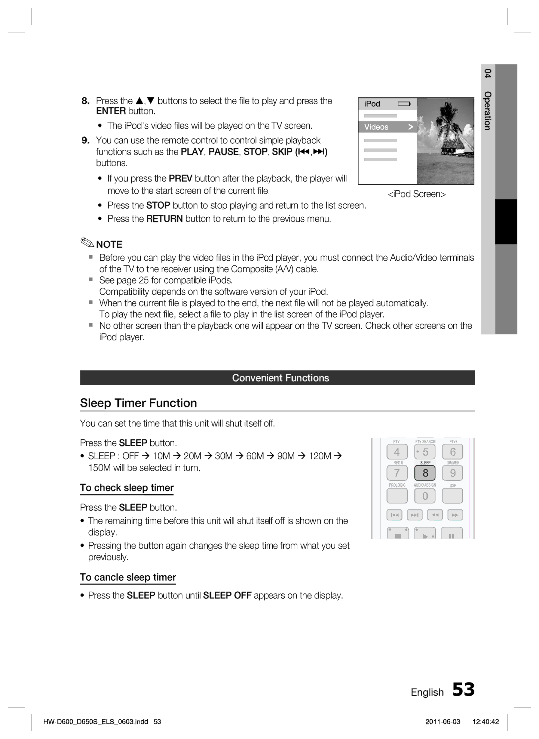 Samsung HW-D650S/XN, HW-D650S/EN Sleep Timer Function, Convenient Functions, To check sleep timer, To cancle sleep timer 