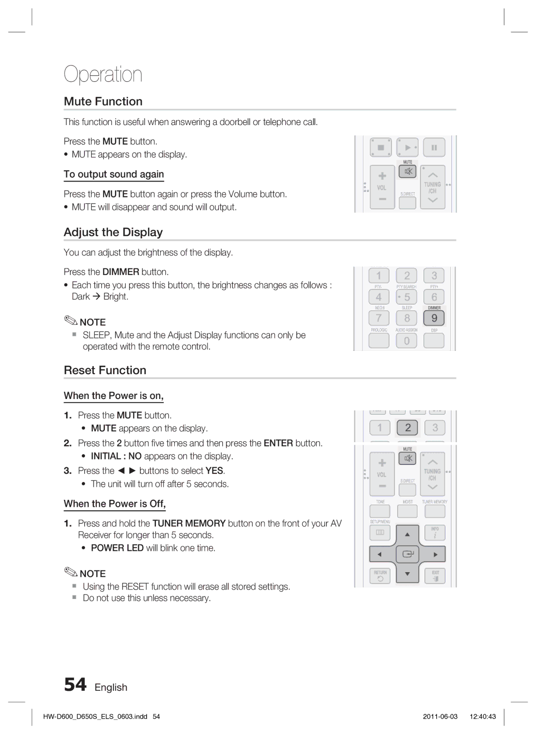 Samsung HW-D650S/EN, HW-D650S/XN manual Mute Function, Adjust the Display, Reset Function 