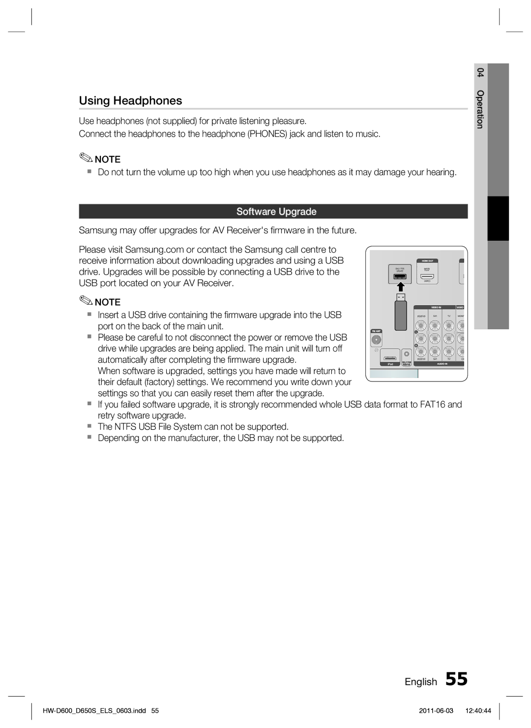 Samsung HW-D650S/XN, HW-D650S/EN manual Using Headphones, Software Upgrade 