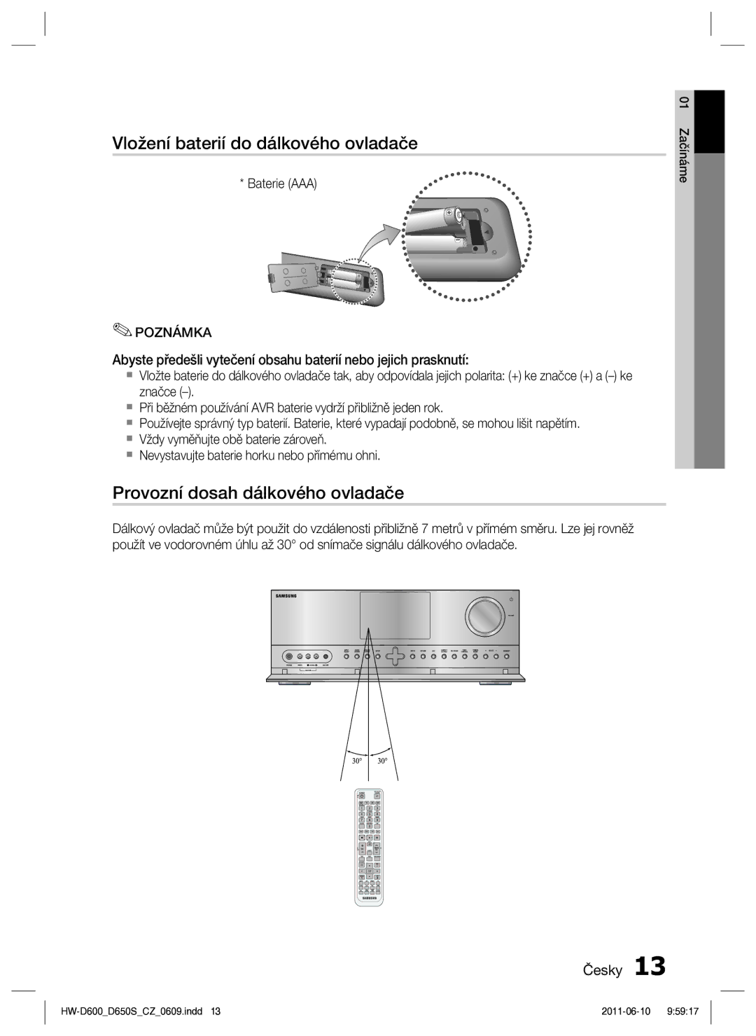 Samsung HW-D650S/EN manual Vložení baterií do dálkového ovladače, Provozní dosah dálkového ovladače, Poznámka 