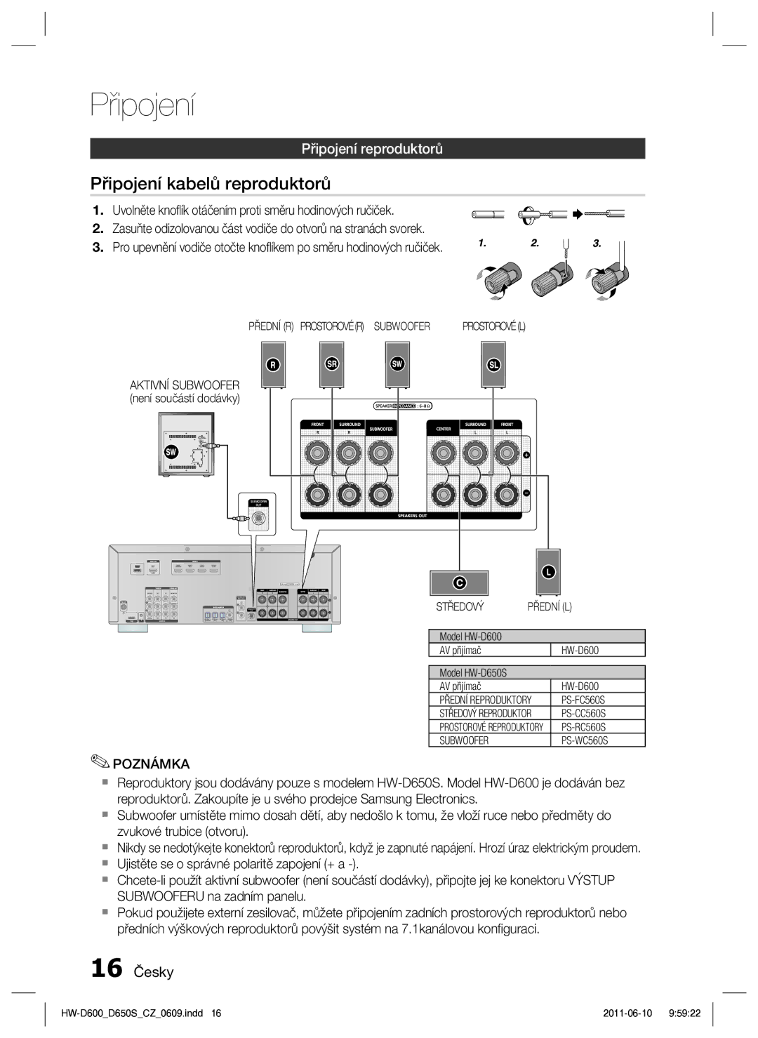 Samsung HW-D650S/EN manual Připojení kabelů reproduktorů, Připojení reproduktorů, 16 Česky 