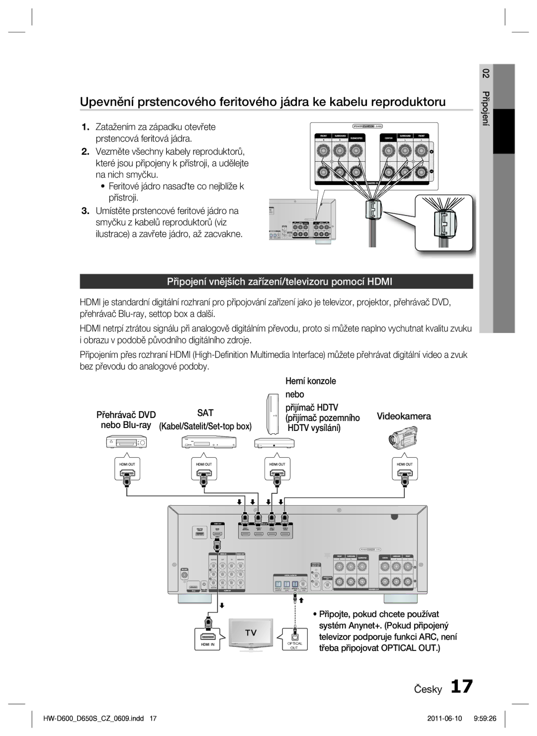 Samsung HW-D650S/EN manual Připojení vnějších zařízení/televizoru pomocí Hdmi 