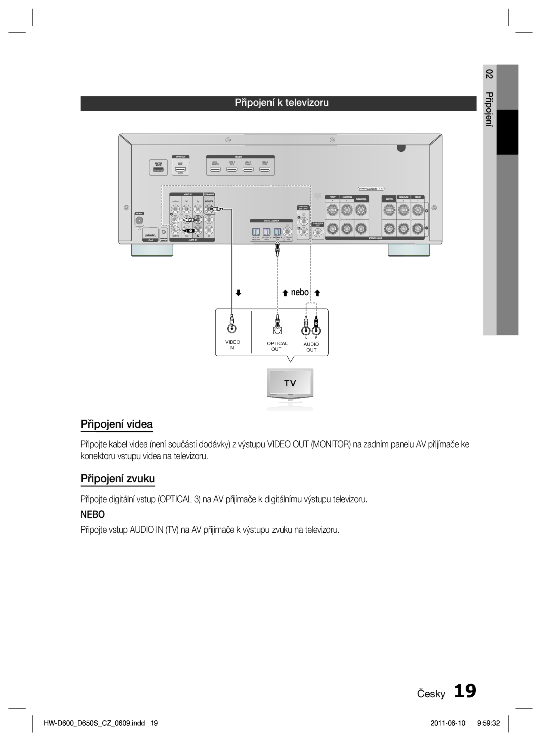 Samsung HW-D650S/EN manual Připojení videa, Připojení zvuku, Připojení k televizoru 