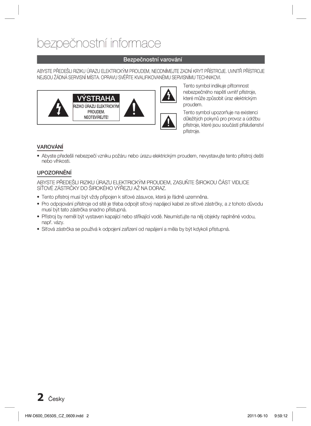 Samsung HW-D650S/EN manual Bezpečnostní informace, Bezpečnostní varování, Česky, Varování 