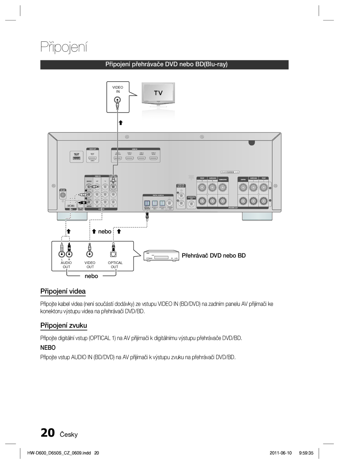 Samsung HW-D650S/EN manual Připojení přehrávače DVD nebo BDBlu-ray, 20 Česky 