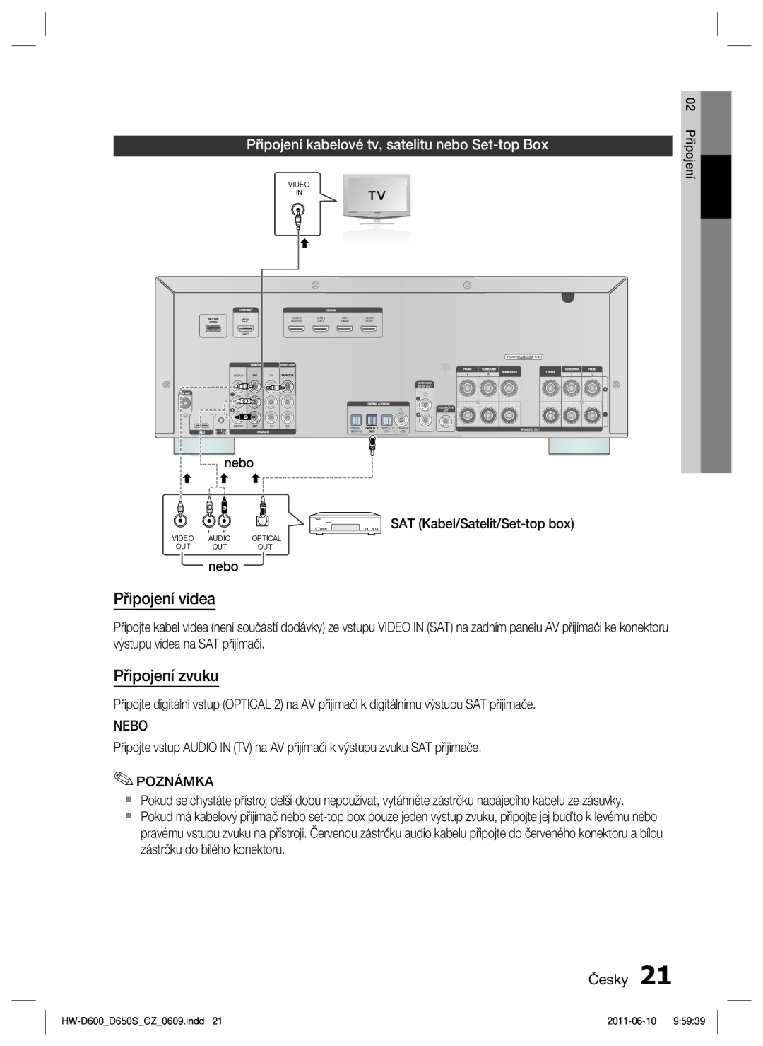 Samsung HW-D650S/EN manual Připojení kabelové tv, satelitu nebo Set-top Box, Poznámka 