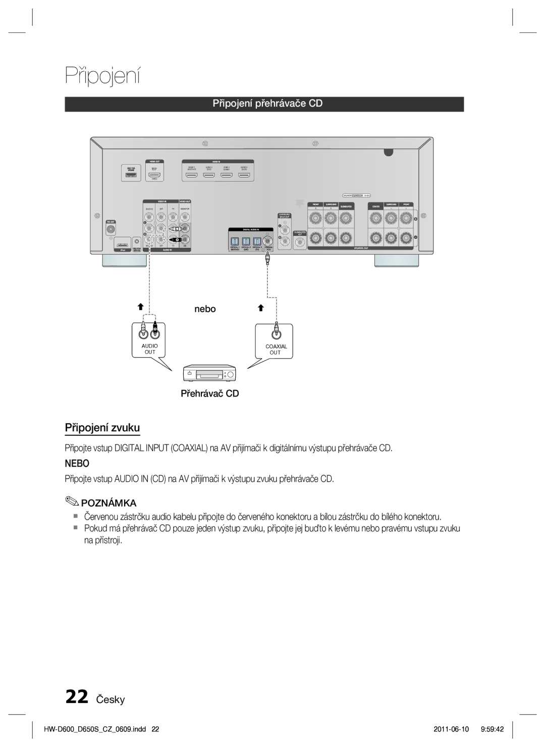 Samsung HW-D650S/EN manual Připojení přehrávače CD, 22 Česky 