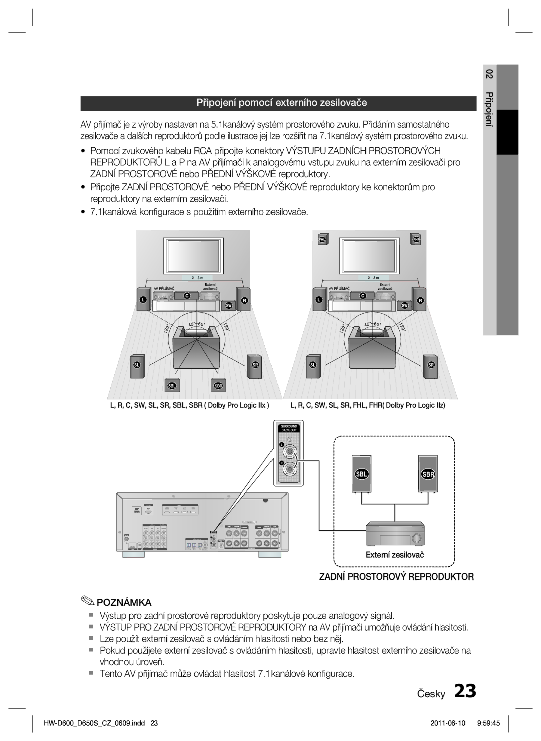 Samsung HW-D650S/EN manual Připojení pomocí externího zesilovače, Zadní Prostorový Reproduktor Poznámka 