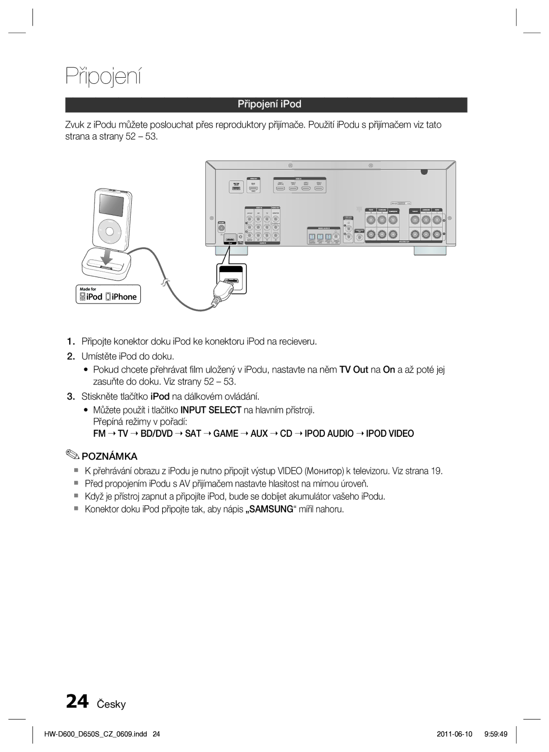 Samsung HW-D650S/EN manual Připojení iPod, 24 Česky, FM TV BD/DVD SAT Game AUX CD Ipod Audio Ipod Video Poznámka 