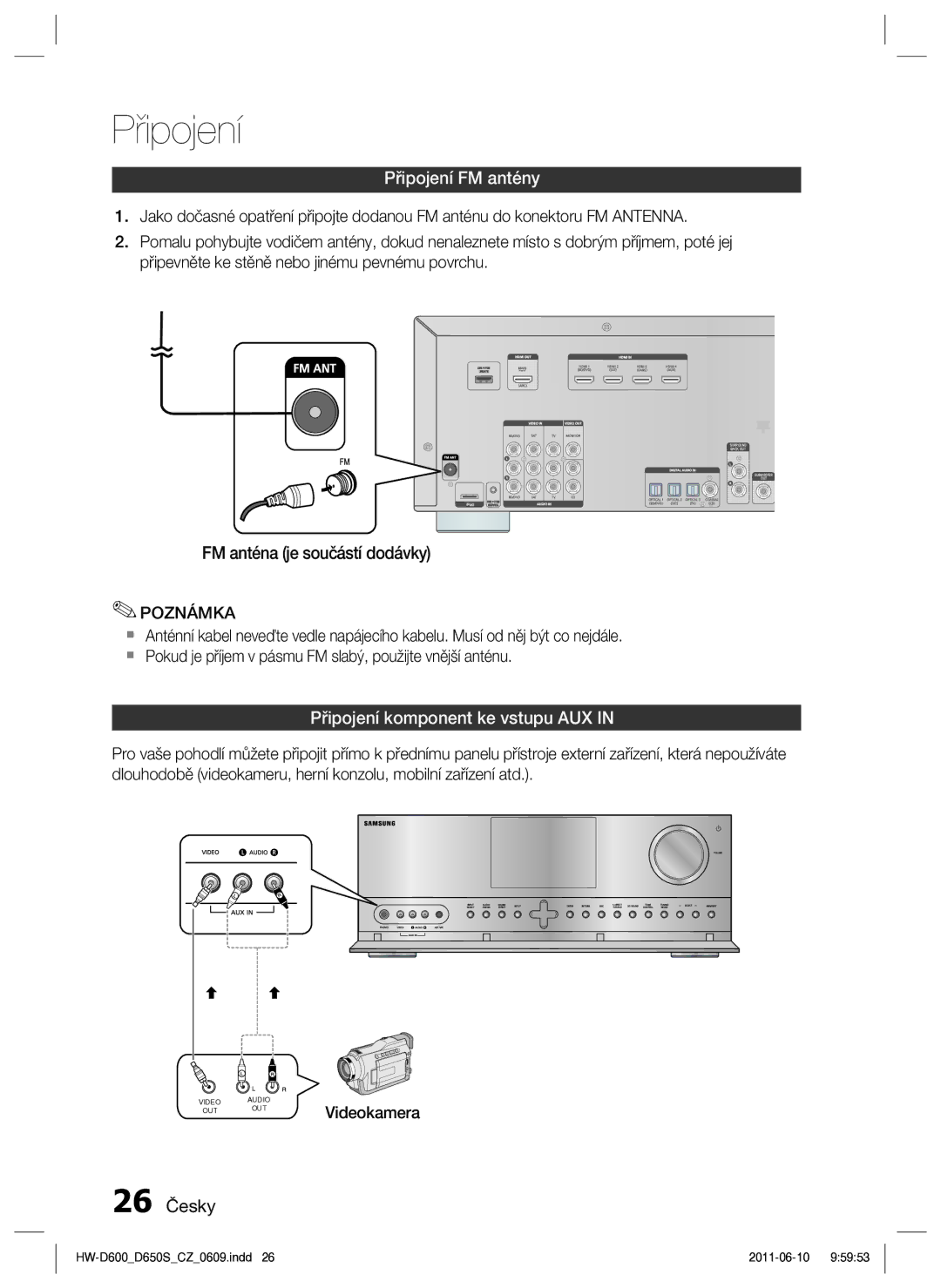 Samsung HW-D650S/EN manual Připojení FM antény, FM anténa je součástí dodávky, Připojení komponent ke vstupu AUX, 26 Česky 