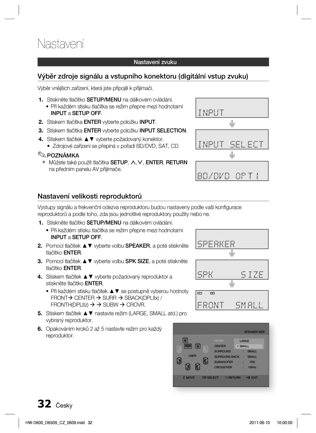 Samsung HW-D650S/EN manual Nastavení velikosti reproduktorů, Nastavení zvuku, 32 Česky 