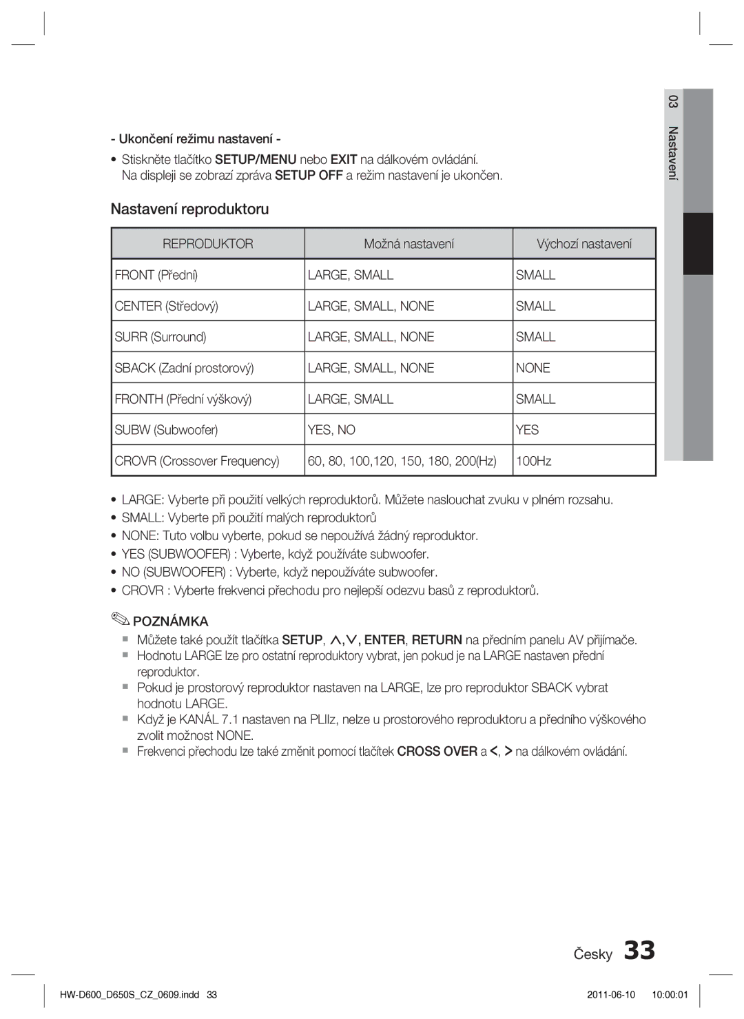 Samsung HW-D650S/EN manual Nastavení reproduktoru 