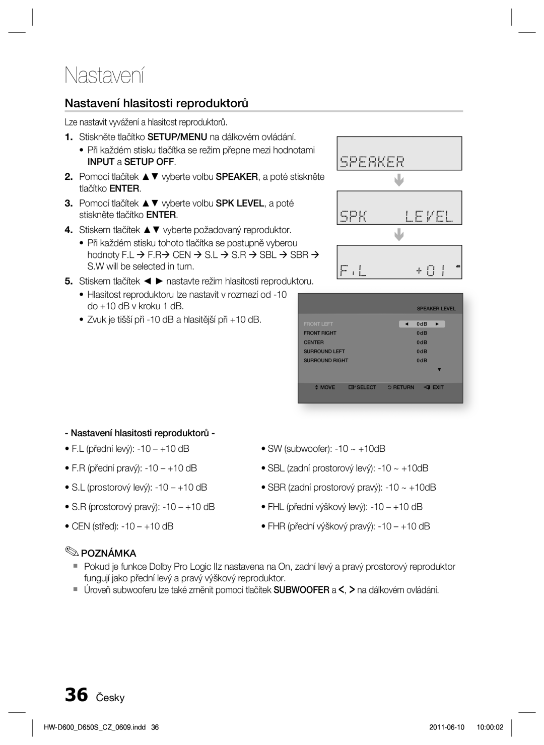 Samsung HW-D650S/EN manual Nastavení hlasitosti reproduktorů, 36 Česky 