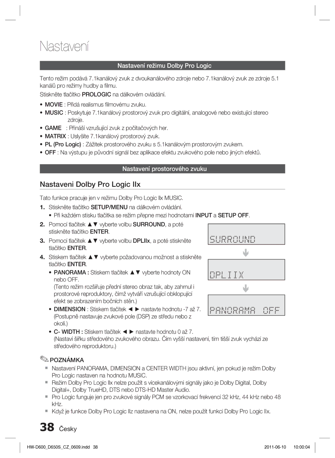 Samsung HW-D650S/EN Nastaveni Dolby Pro Logic, Nastavení režimu Dolby Pro Logic, Nastavení prostorového zvuku, 38 Česky 