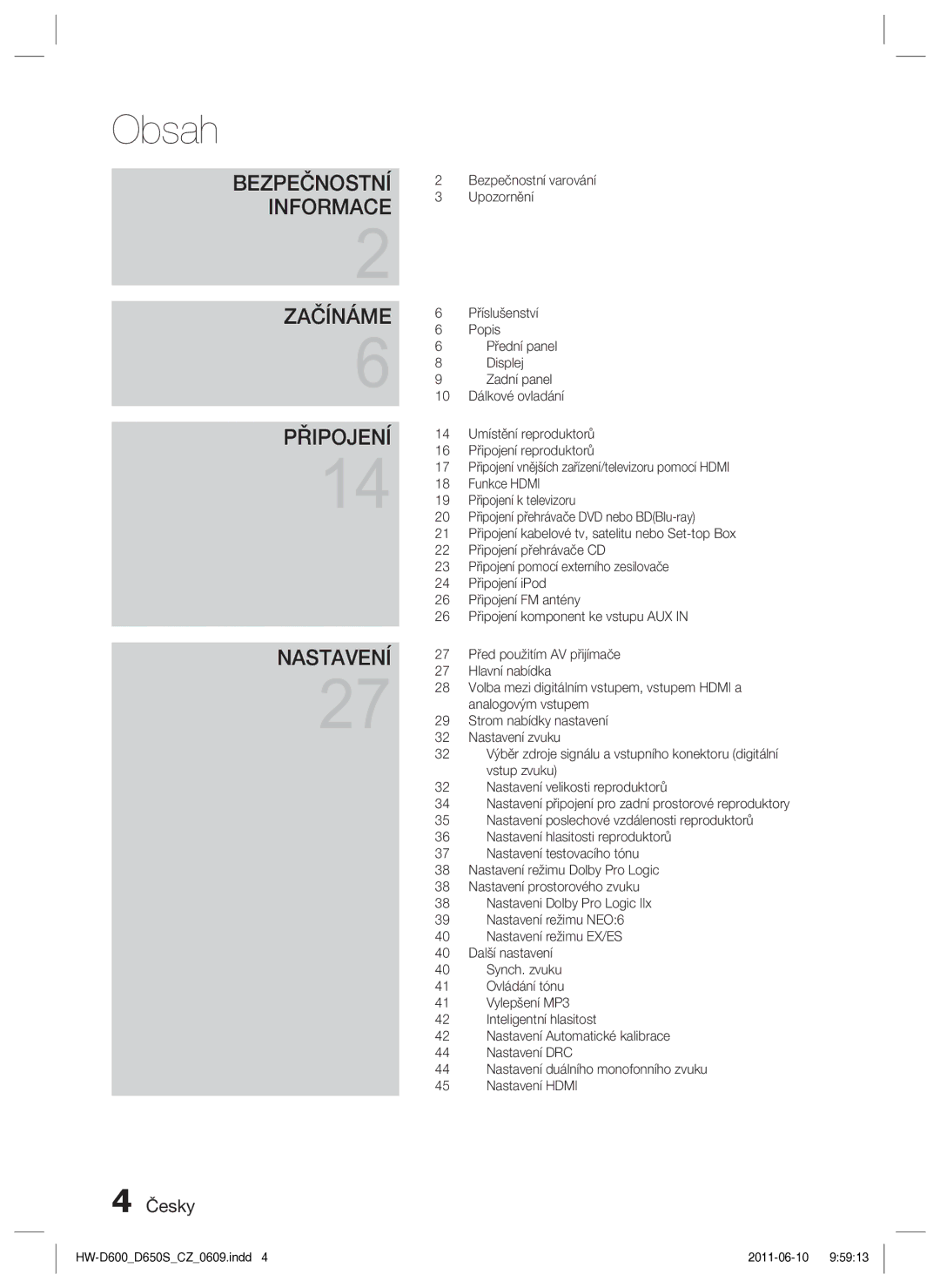 Samsung HW-D650S/EN manual Obsah, Připojení 