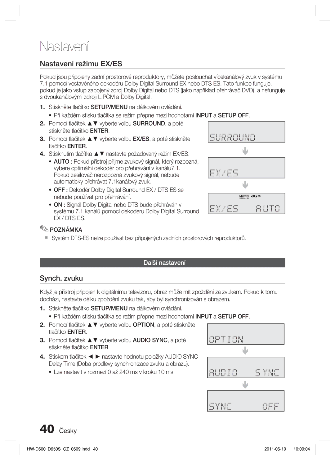 Samsung HW-D650S/EN manual Nastavení režimu EX/ES, Synch. zvuku, Další nastavení, 40 Česky 