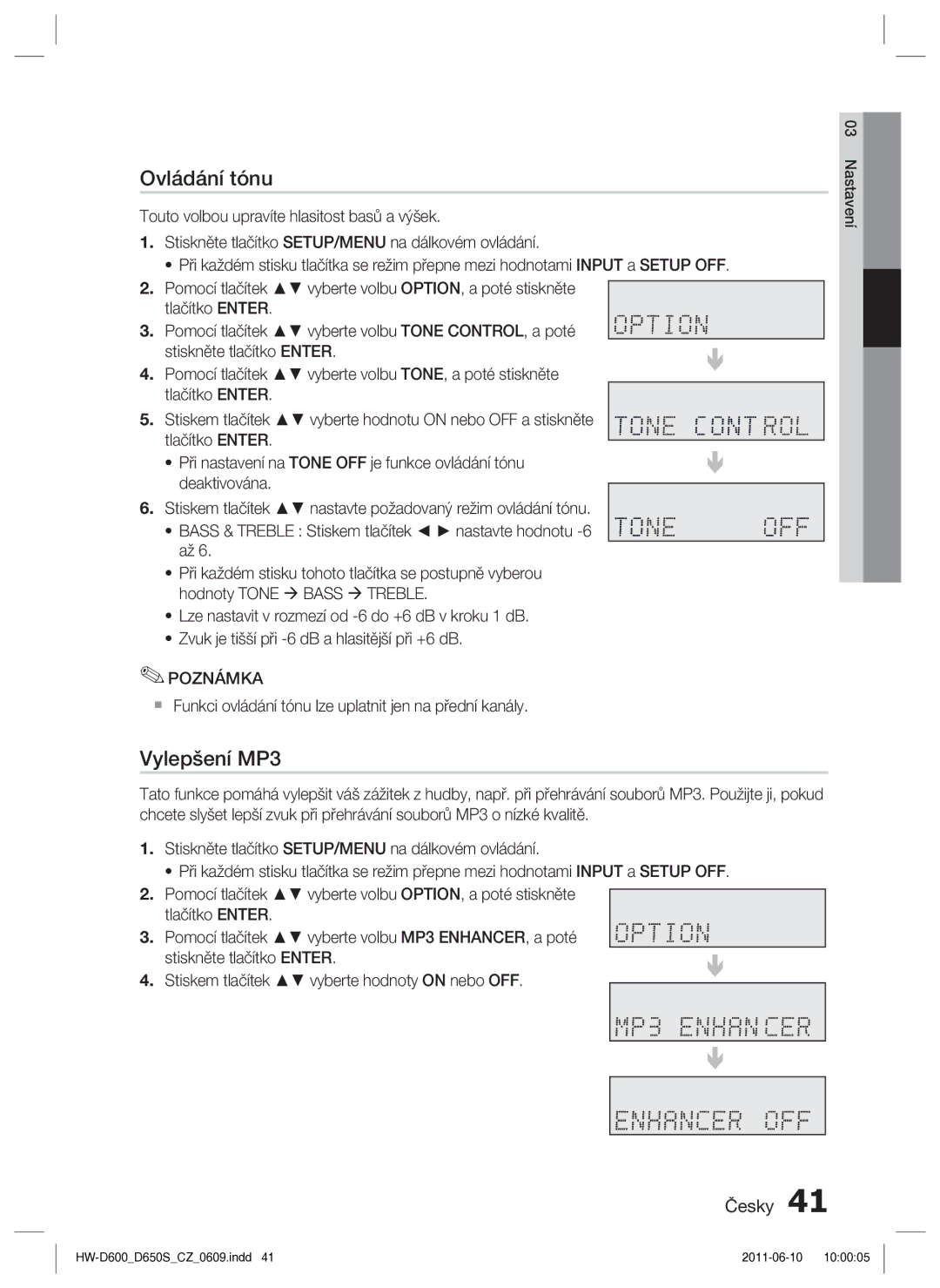 Samsung HW-D650S/EN manual Ovládání tónu, Vylepšení MP3 